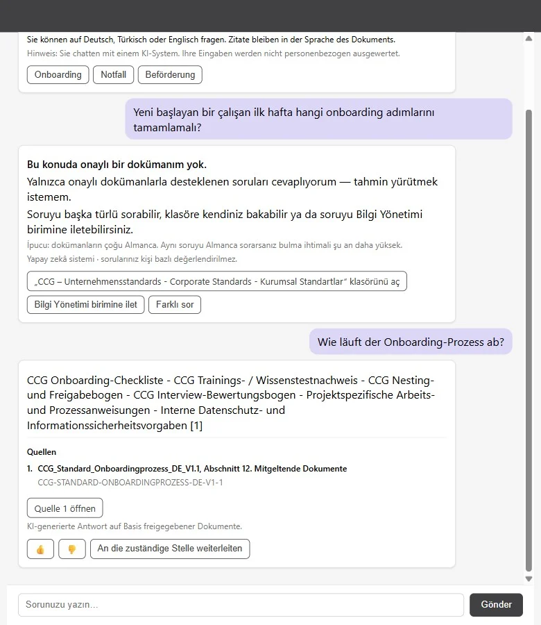 CCG Bilgi Asistanı sohbet ekranı: onboarding sorusuna kaynak gösterilen yanıt ve onaylı doküman yoksa verilen dürüst uyarı